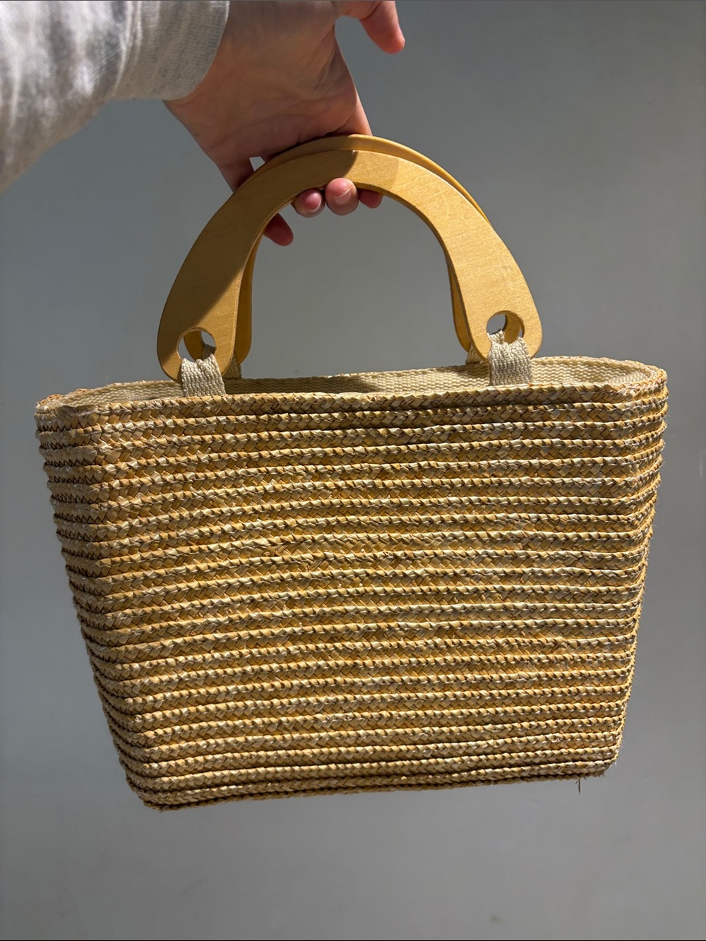 Straw Tote Bag with Yellow Wood Handles